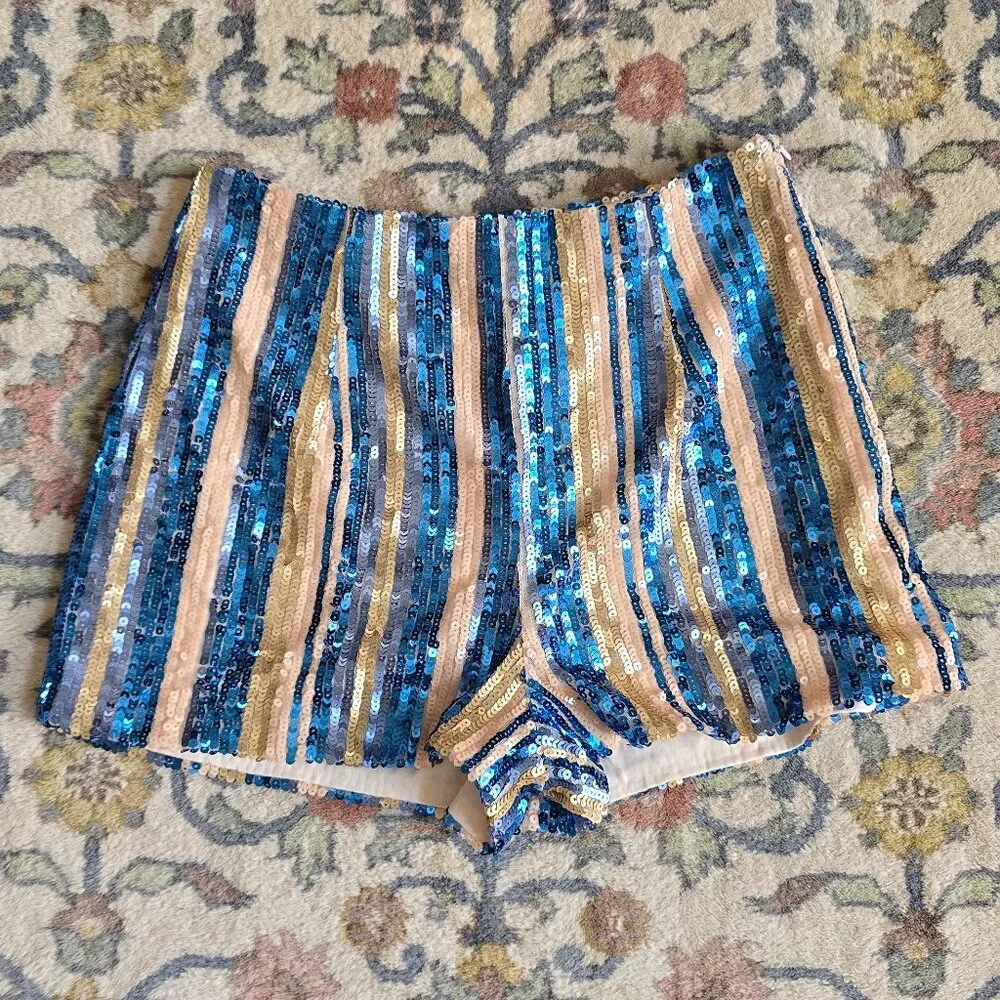 L'Atiste by Amy Blue and Gold Sequins High Waisted Shorts Women's L - Picture 1 of 4